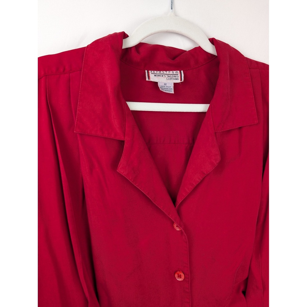 Vintage Nordstrom 100% Silk Button Shirt Sz 12 Red Career Collar Workwear Office - Picture 4 of 8
